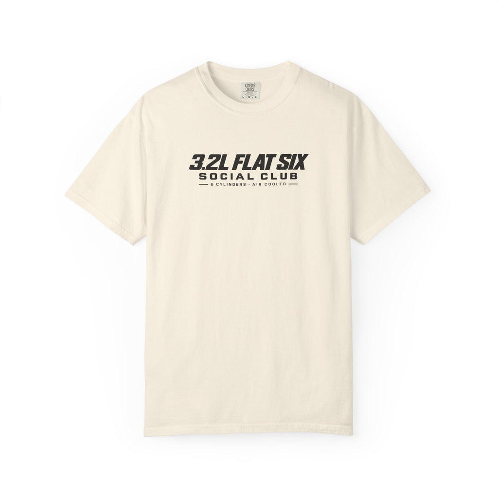 Ivory crewneck T-shirt with front "3.2L Flat Six Social Club" graphic