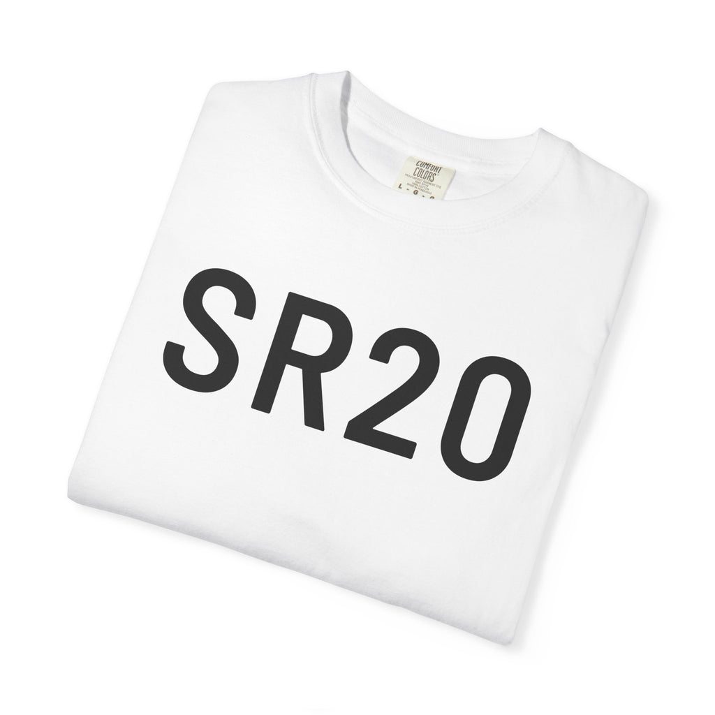 White crew-neck T-shirt with SR20 text graphic, folded close-up