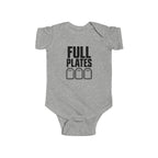 Gray baby bodysuit with “FULL PLATES” gaming graphic on the front