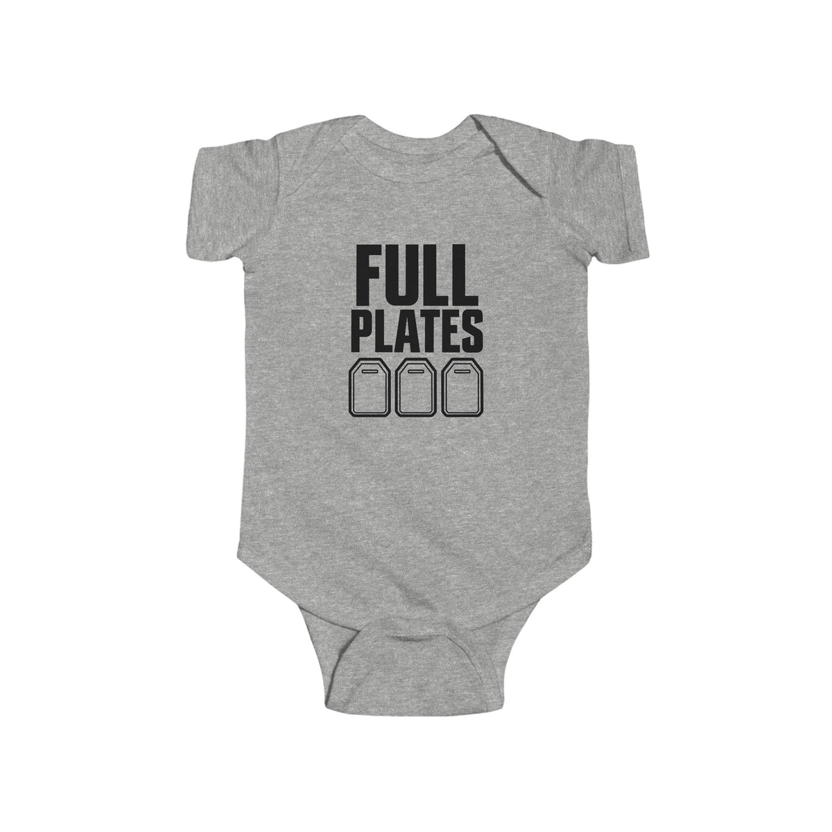 Gray baby bodysuit with “FULL PLATES” gaming graphic on the front