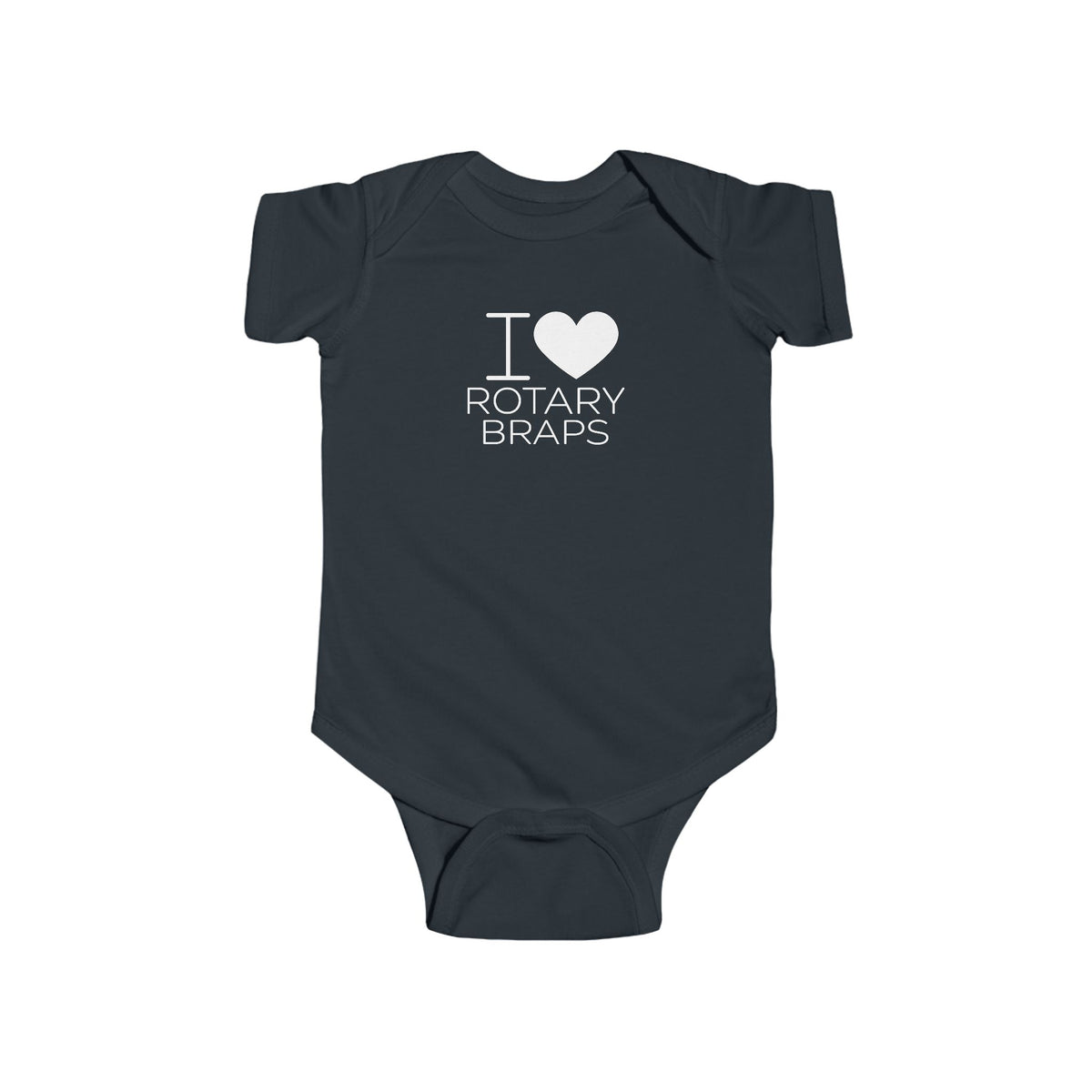 Dark charcoal baby bodysuit with Rotary Braps heart graphic on front