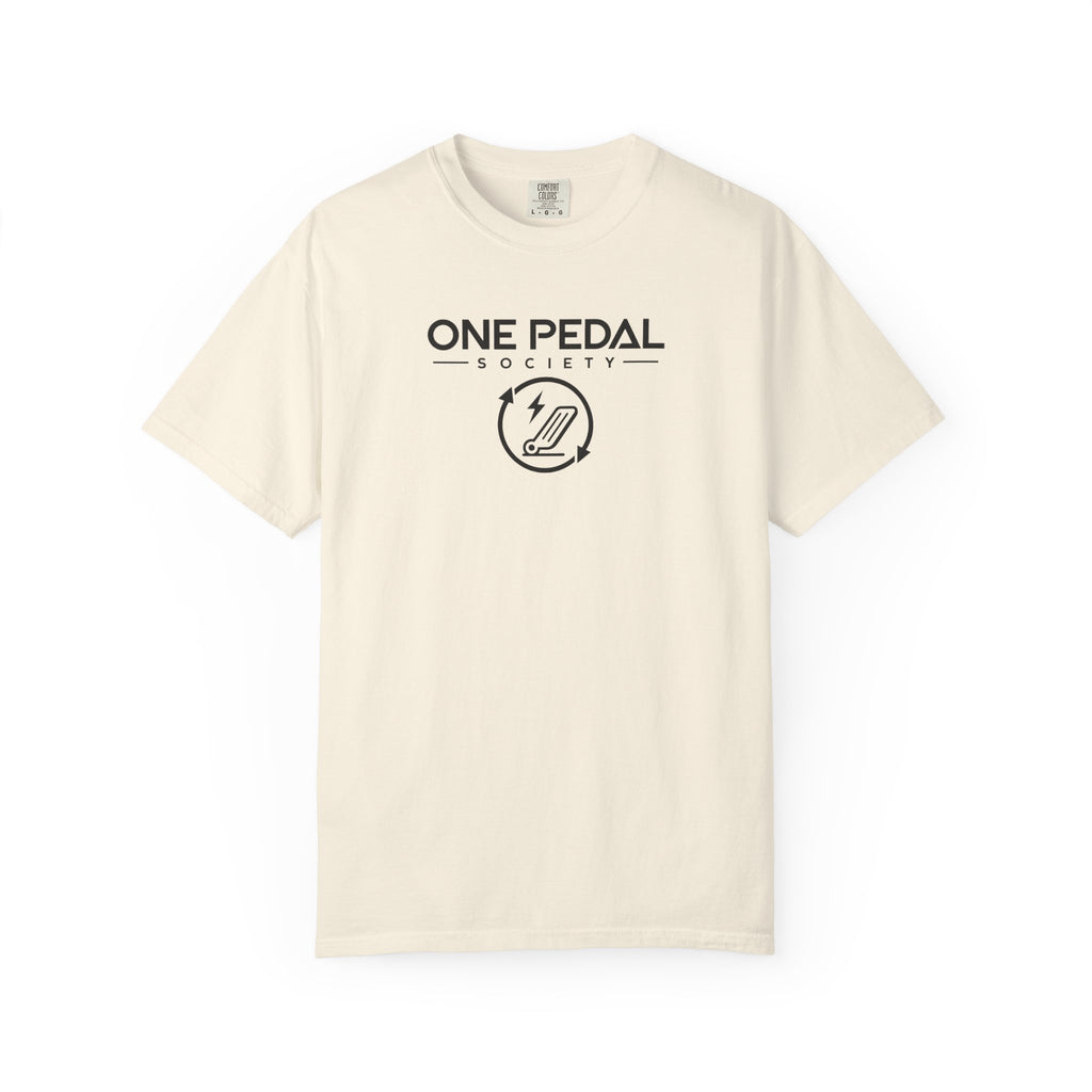 Ivory EV T-shirt with One Pedal Society logo on the chest