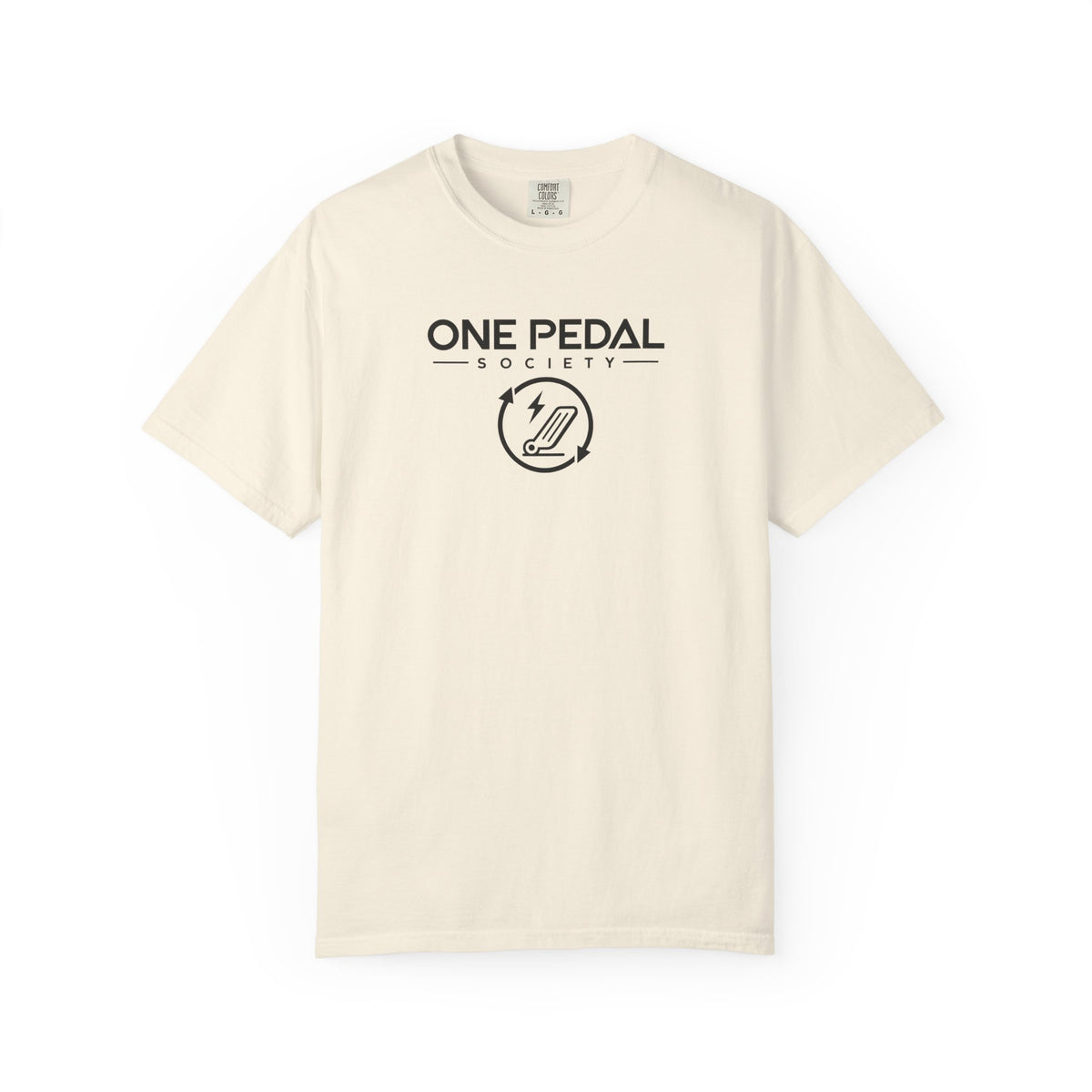 Ivory EV T-shirt with One Pedal Society logo on the chest