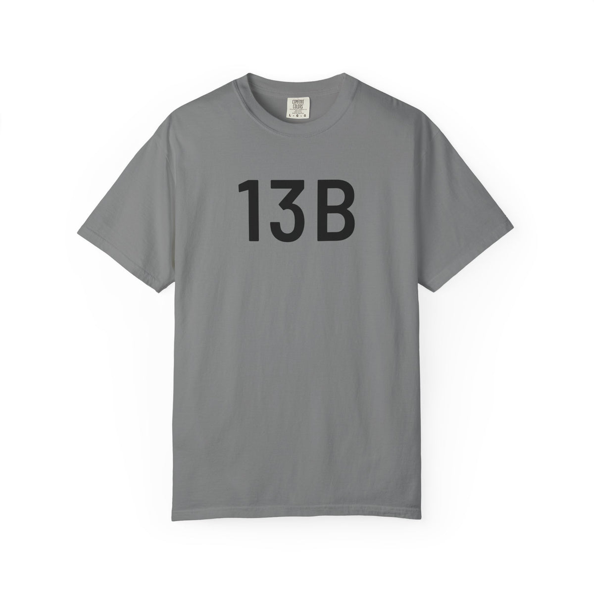 Gray crew-neck T-shirt with large black 13B graphic on chest