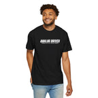Black crew-neck T-shirt with 'ANALOG DRIVER' graphic, model front view