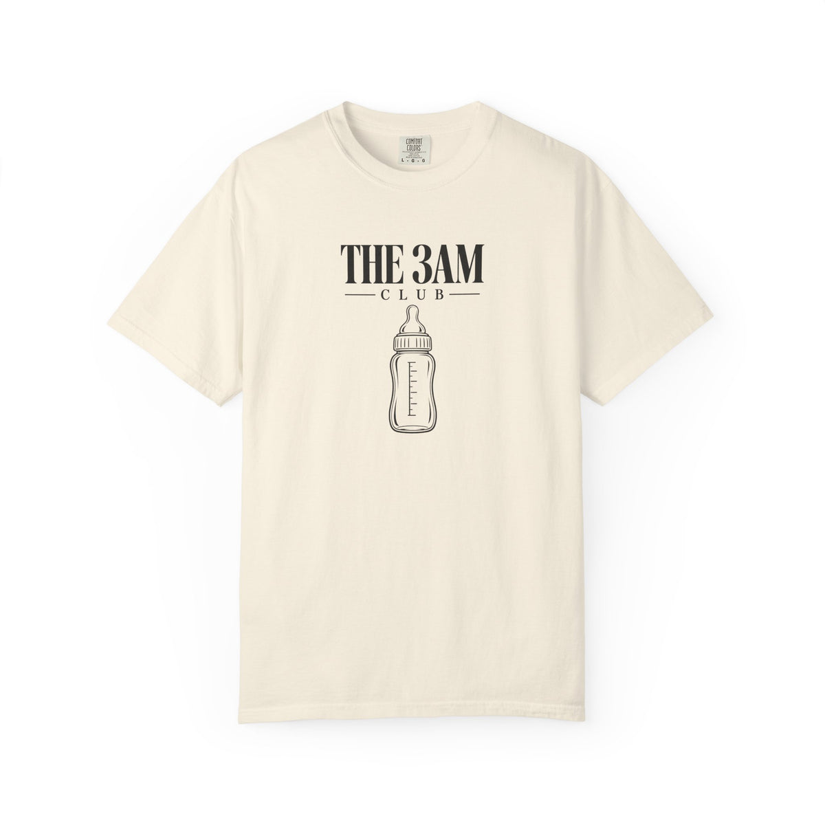 Ivory baby bottle graphic t-shirt with “THE 3AM CLUB” text and bottle icon on the front