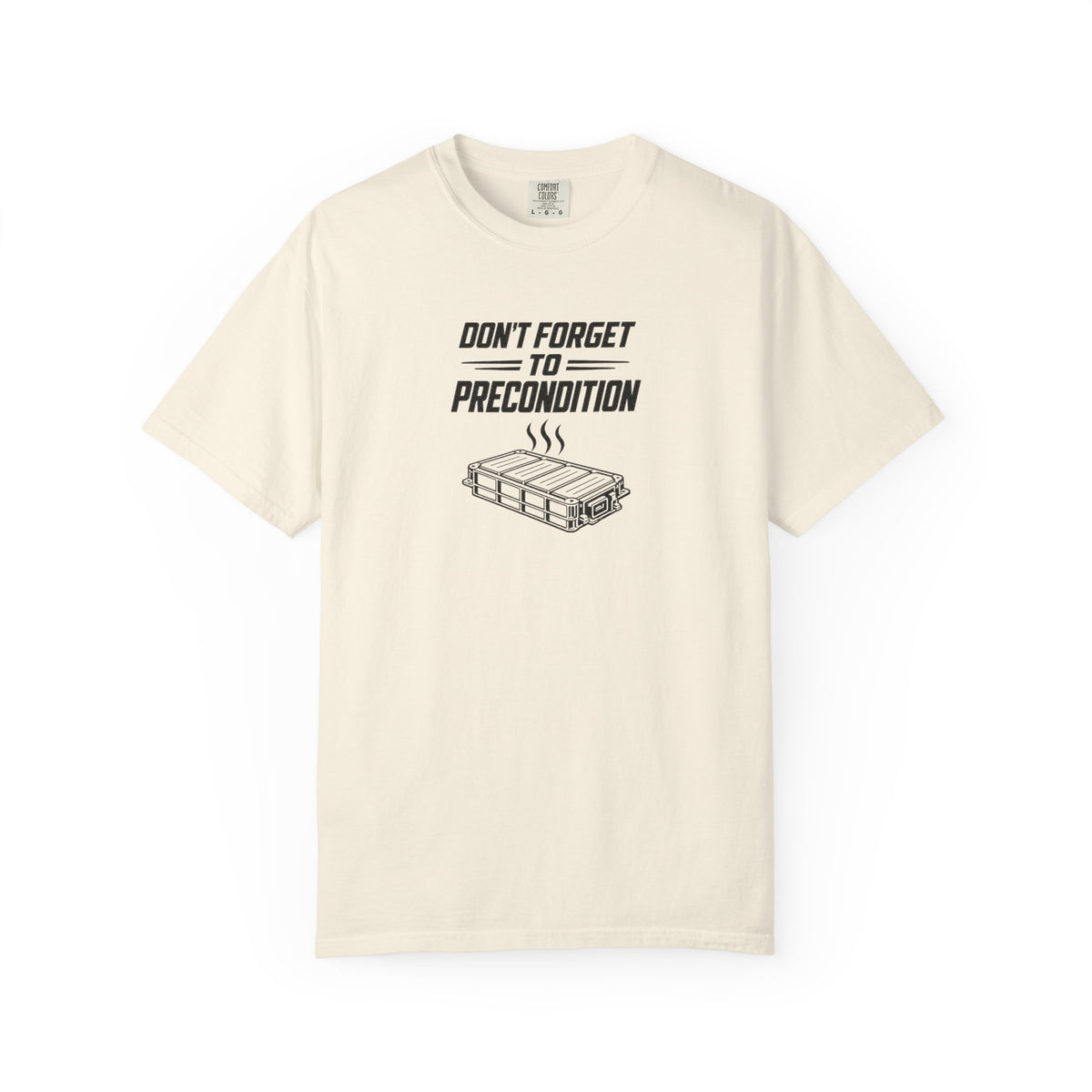 Ivory EV battery preconditioning T-shirt with black slogan and battery graphic
