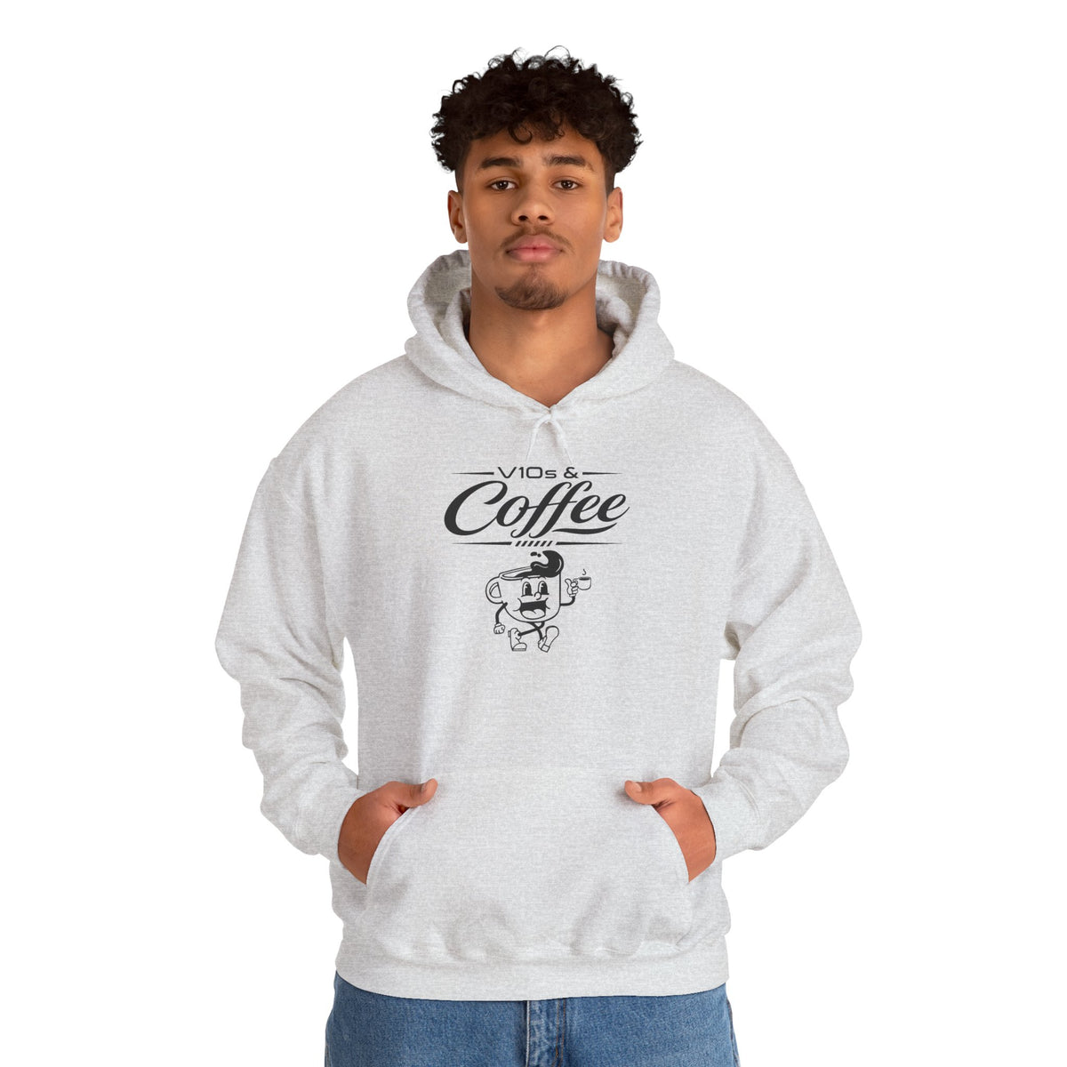 Light gray pullover hoodie with front pocket, drawstring hood, and “V10s & Coffee” logo