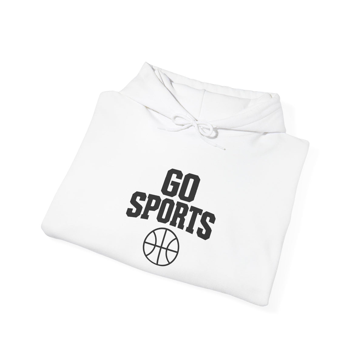 White basketball hoodie front view with 'Go Sports' logo and drawstring hood