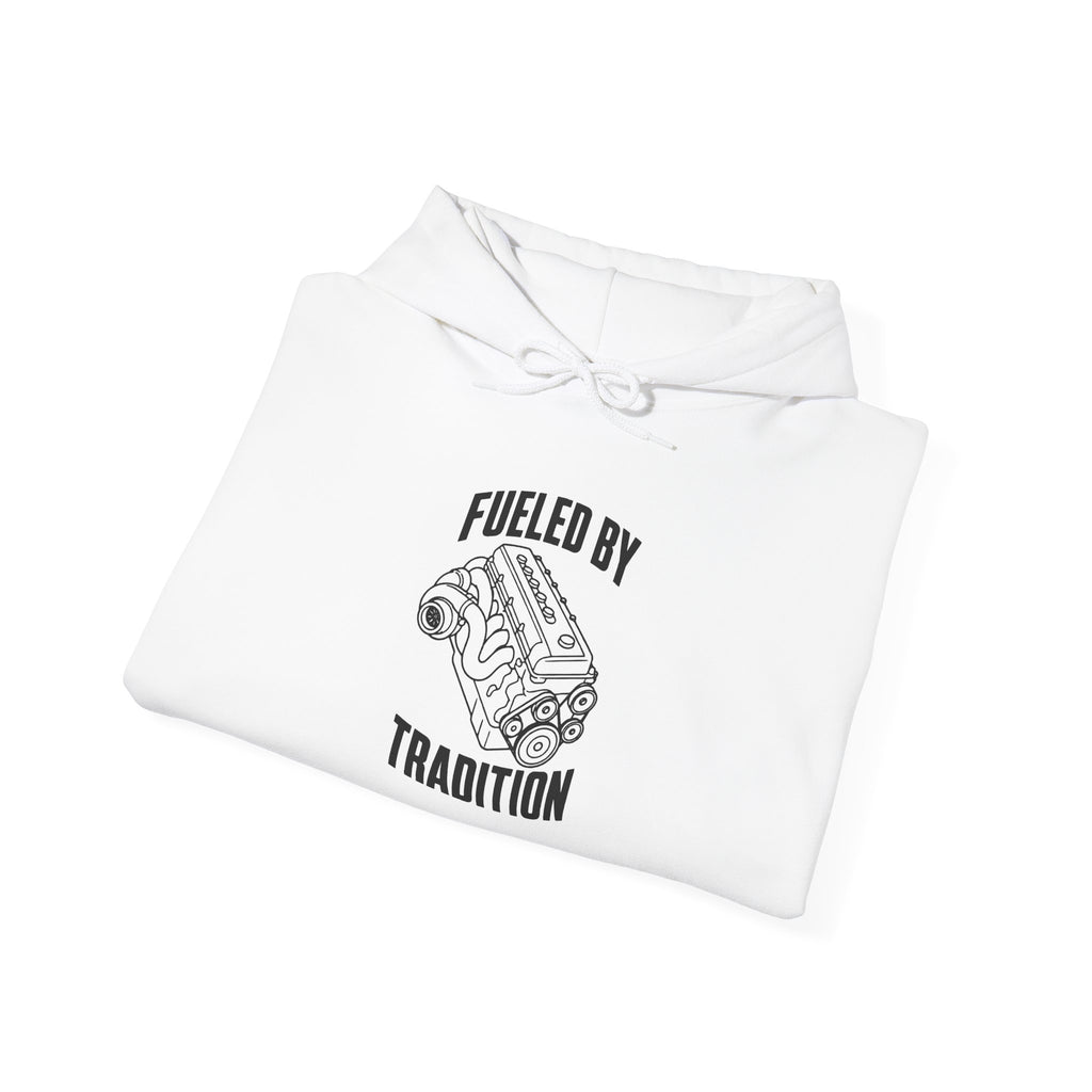 White hoodie with drawstring hood and front graphic "Fueled by Tradition".