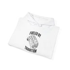White hoodie with drawstring hood and front graphic "Fueled by Tradition".