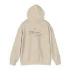 Sand hoodie back view with line art car graphic and drawstring hood.