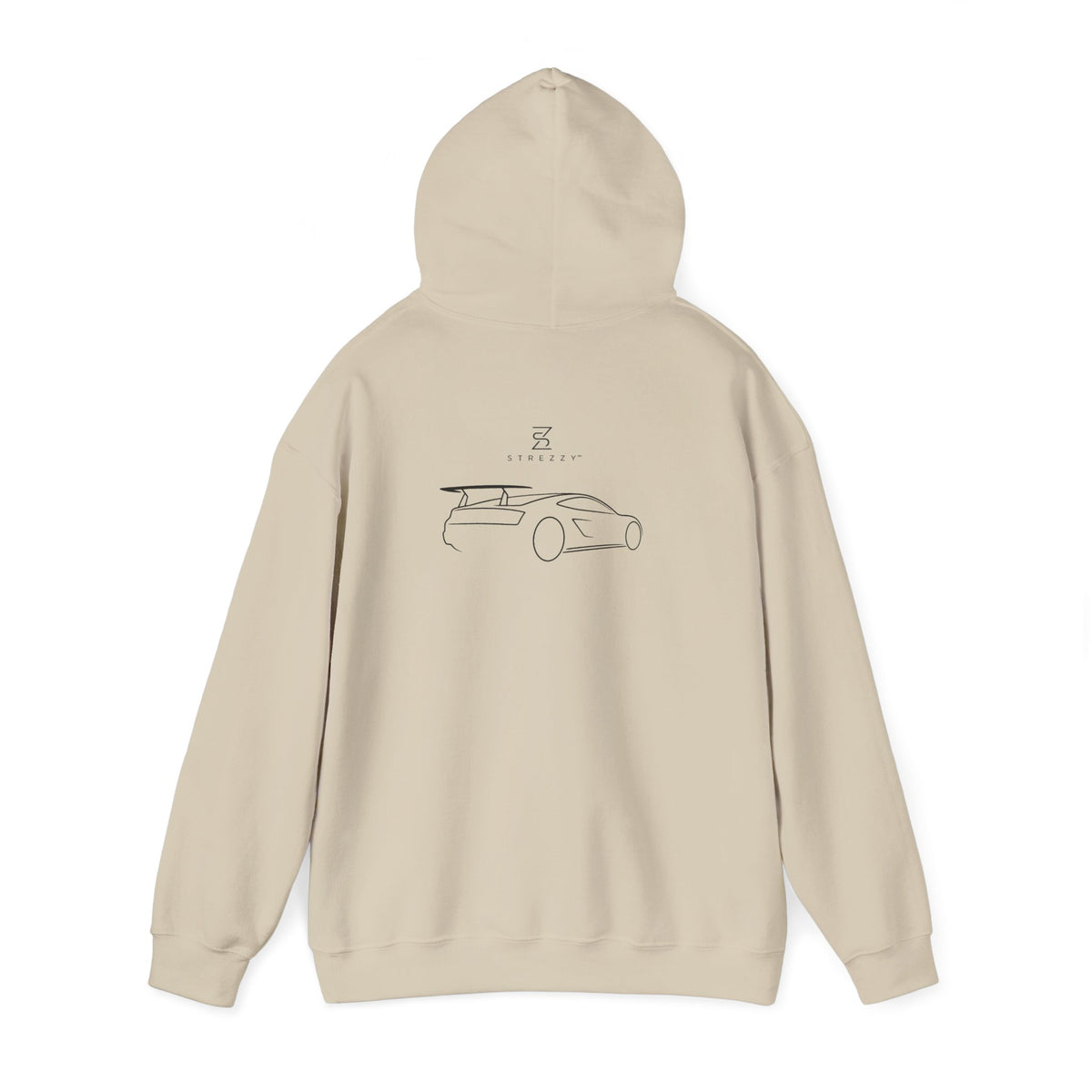 Sand hoodie back view with line art car graphic and drawstring hood.