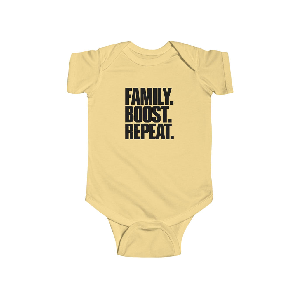 Butter short-sleeve baby bodysuit with “FAMILY. BOOST. REPEAT.” graphic