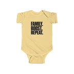 Butter short-sleeve baby bodysuit with “FAMILY. BOOST. REPEAT.” graphic
