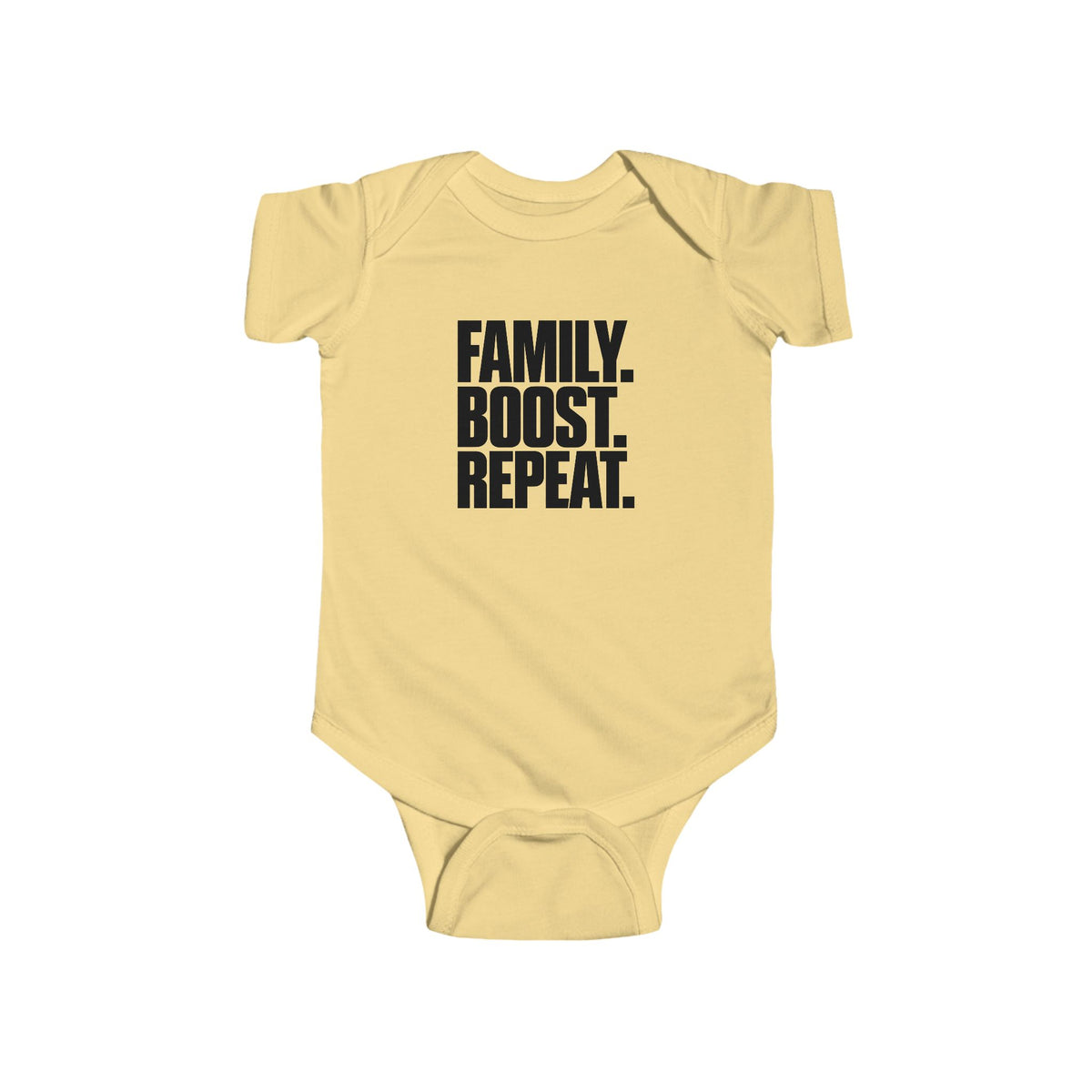 Butter short-sleeve baby bodysuit with “FAMILY. BOOST. REPEAT.” graphic