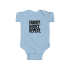 Light blue baby bodysuit with front "Family. Boost. Repeat." graphic