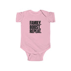 Pink baby bodysuit with front "Family. Boost. Repeat." graphic