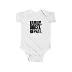 White baby bodysuit with front "Family. Boost. Repeat." graphic