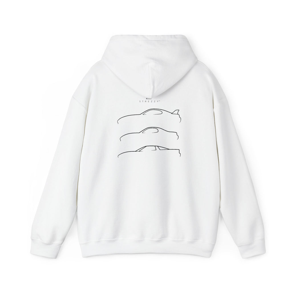 White pullover hoodie with three line car graphics on back