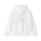White pullover hoodie with three line car graphics on back