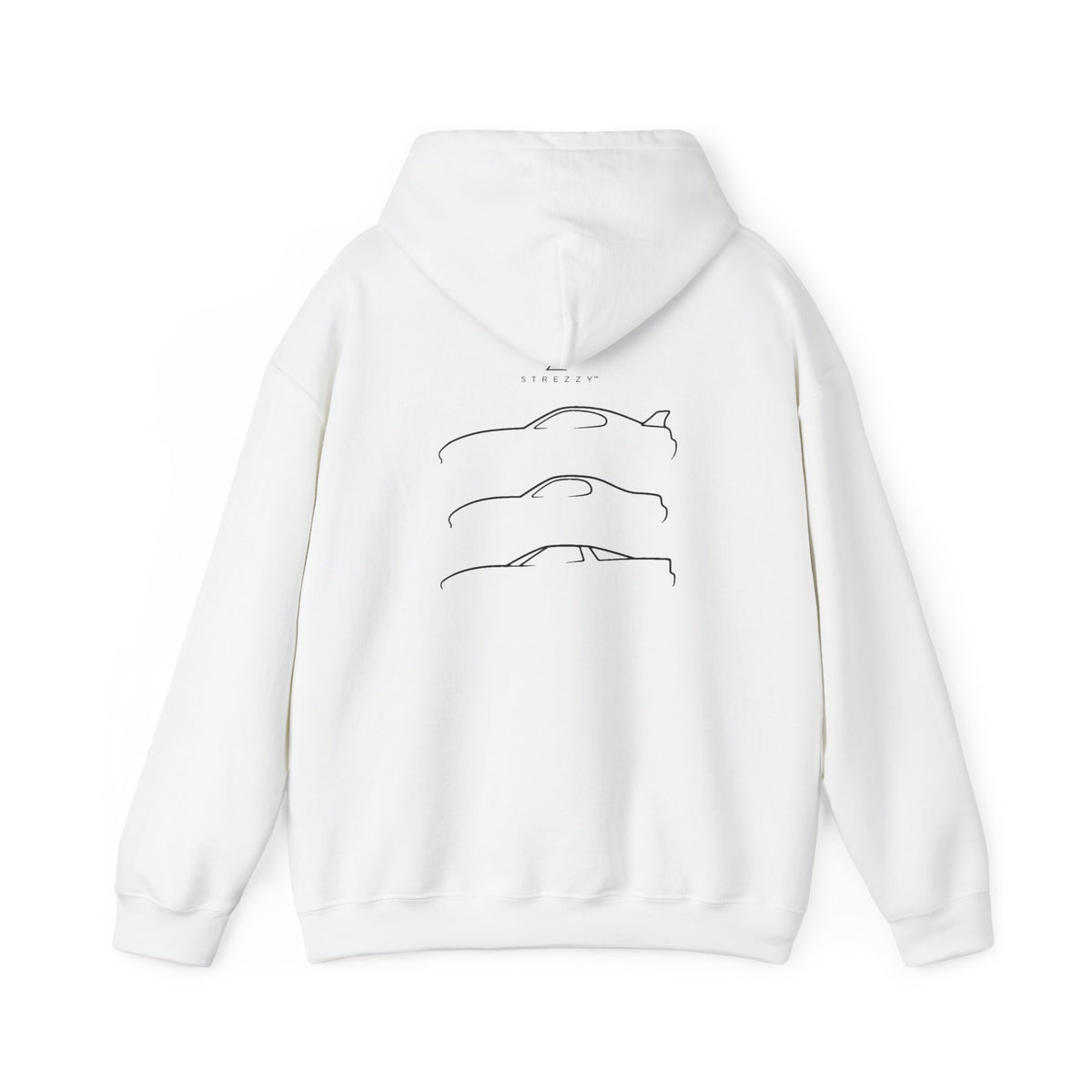 White pullover hoodie with three line car graphics on back