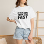 White graphic slogan T-shirt with bold black lettering, crew neck short sleeves