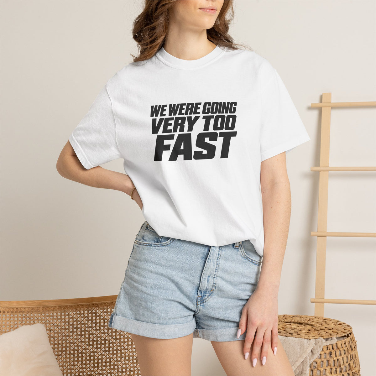 White graphic slogan T-shirt with bold black lettering, crew neck short sleeves