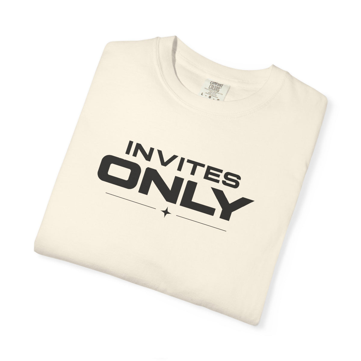 Ivory crew-neck T-shirt with bold black 'INVITES ONLY' front graphic