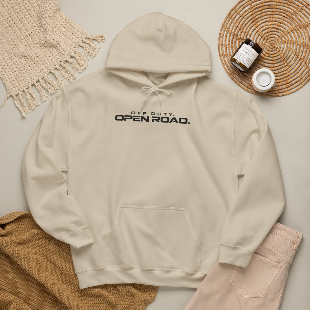 Sand hoodie sweatshirt with pullover hood, lace-up neckline, and front logo print