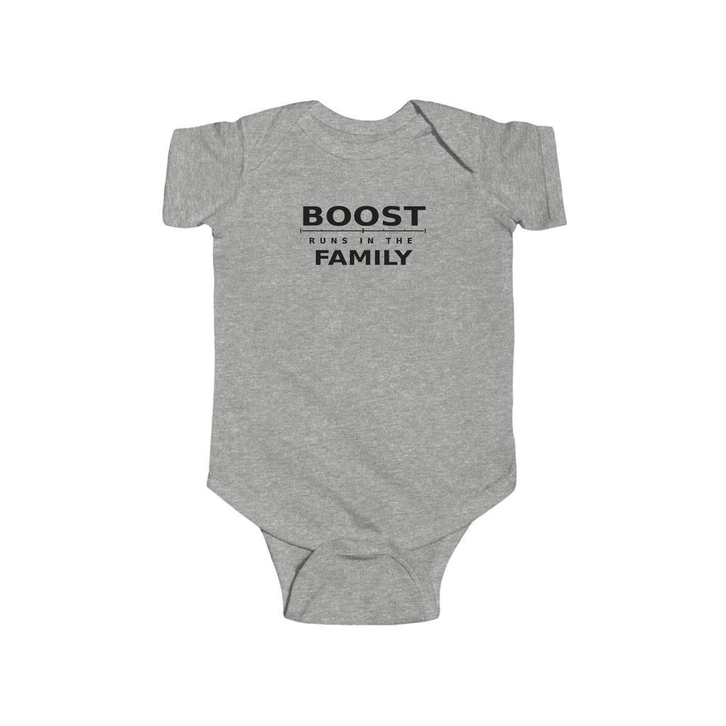 Ash gray baby bodysuit with 'BOOST' graphic on front