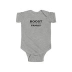 Ash gray baby bodysuit with 'BOOST' graphic on front