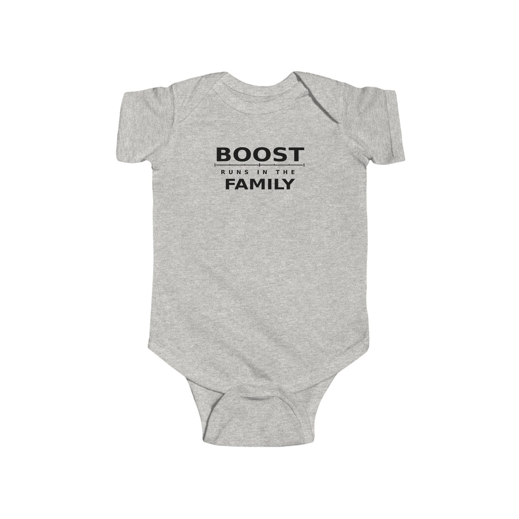 Heather gray baby bodysuit with 'BOOST' graphic on front