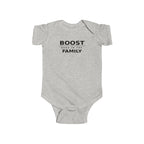 Heather gray baby bodysuit with 'BOOST' graphic on front