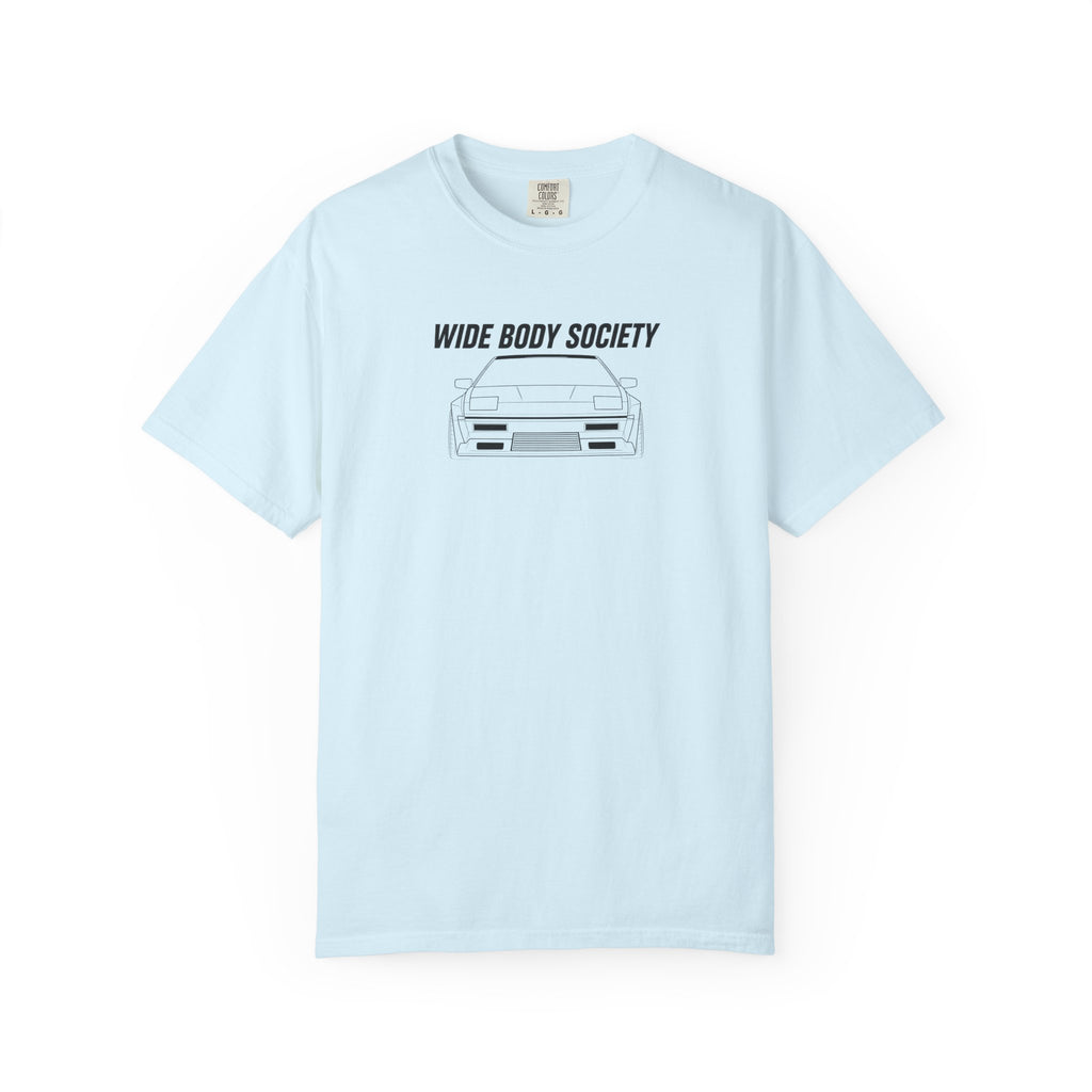 Light blue JDM t-shirt, front print with “WIDE BODY SOCIETY” and car graphic.
