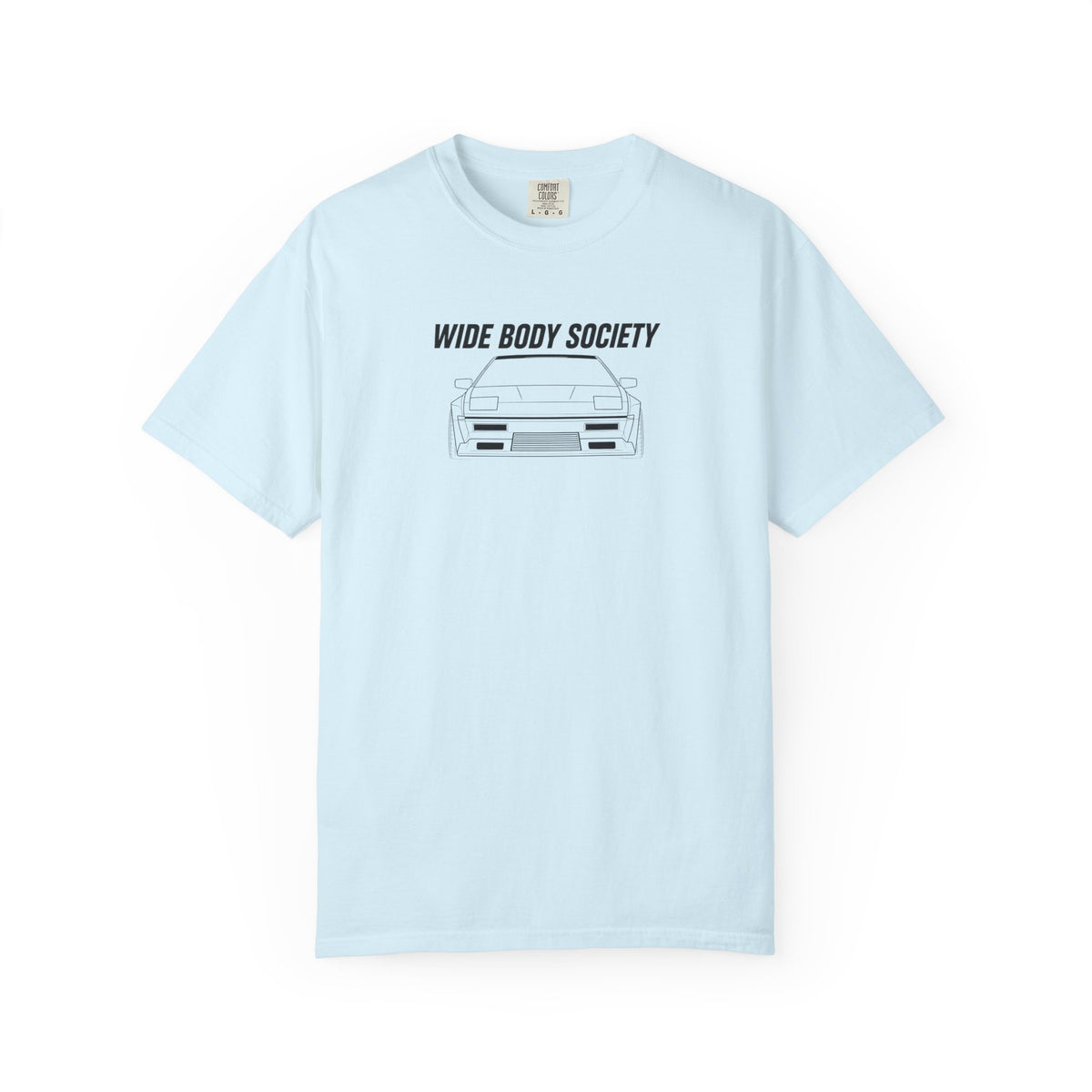 Light blue JDM t-shirt, front print with “WIDE BODY SOCIETY” and car graphic.