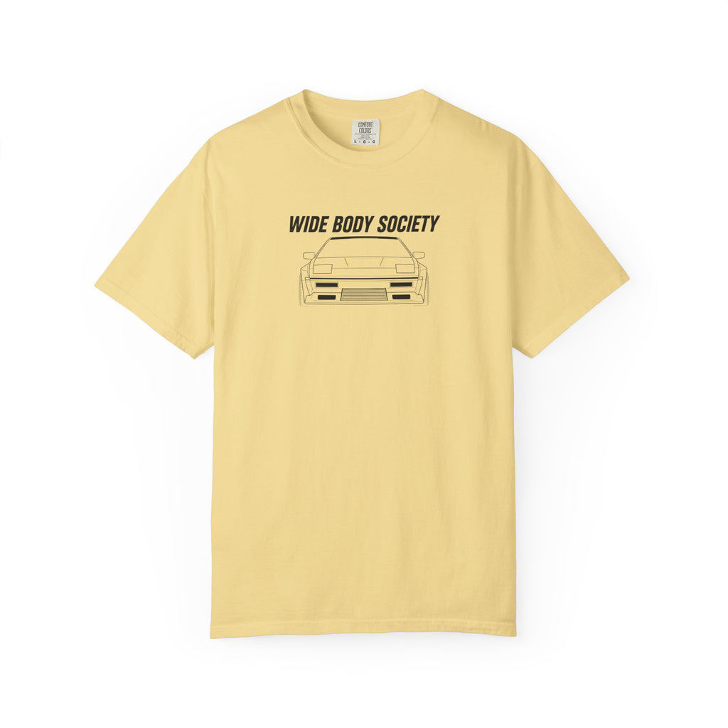 Butter JDM t-shirt, front print with “WIDE BODY SOCIETY” and car graphic.