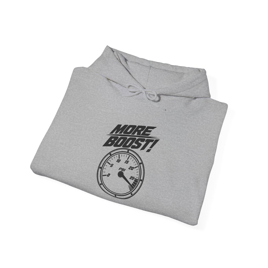 Sport grey hoodie folded with drawstring hood and front “More Boost!!” gauge graphic
