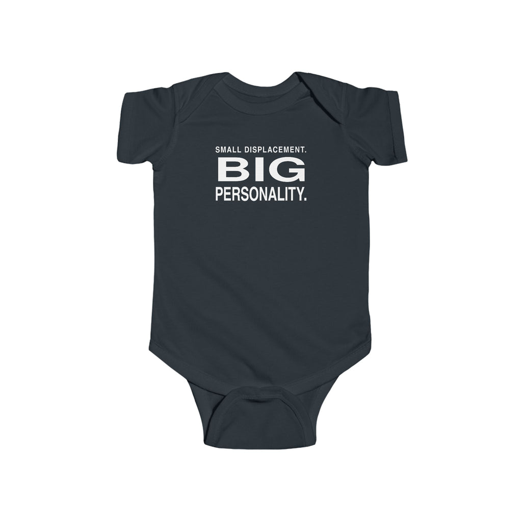 Black baby bodysuit with short sleeves and front slogan graphic