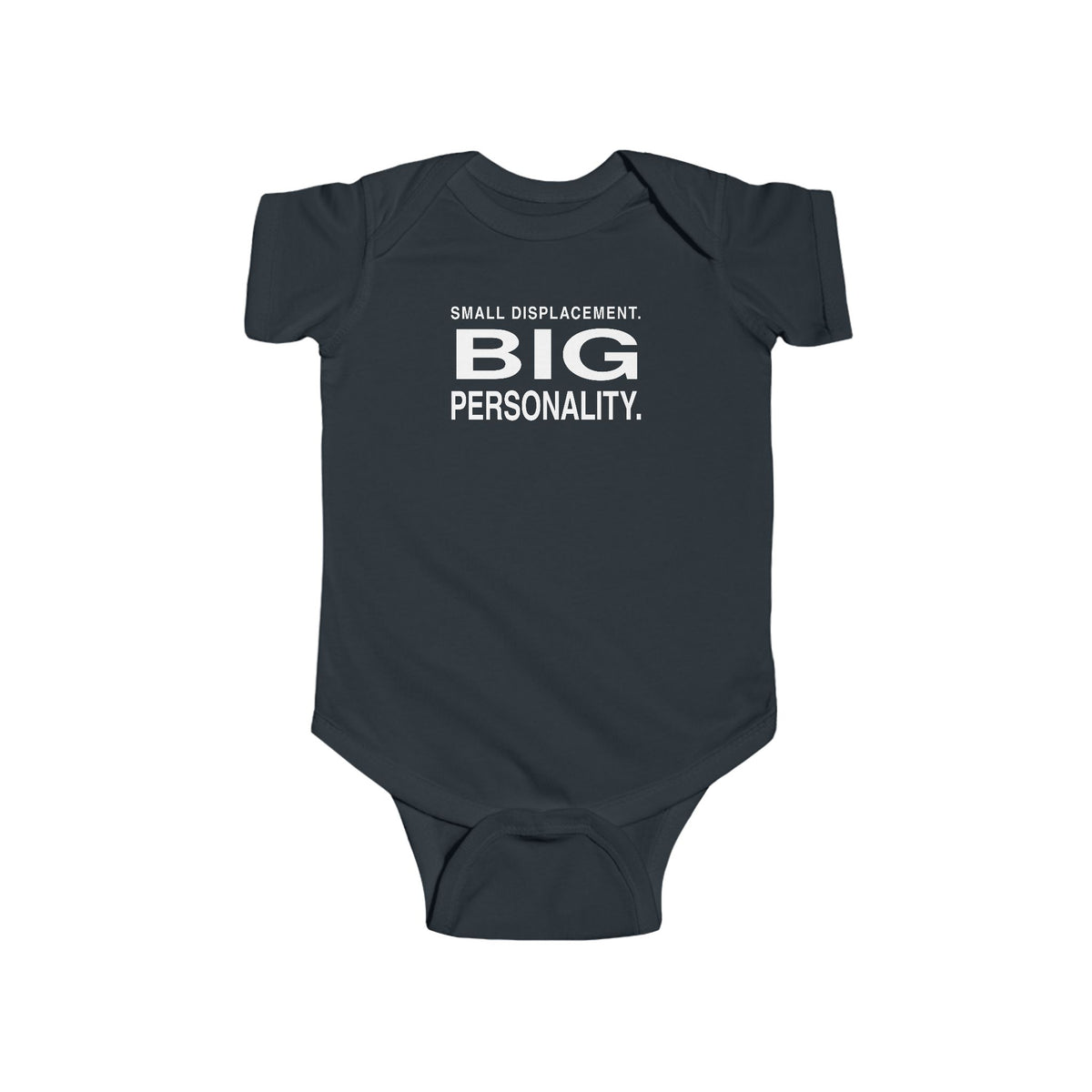 Black baby bodysuit with short sleeves and front slogan graphic