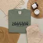 Moss green crew-neck T-shirt with Veteran Driven logo, short sleeves