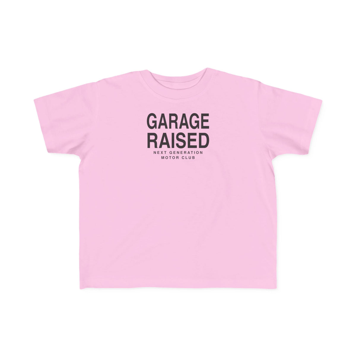 Pink toddler t-shirt with 'GARAGE RAISED' logo and 'NEXT GENERATION' text.