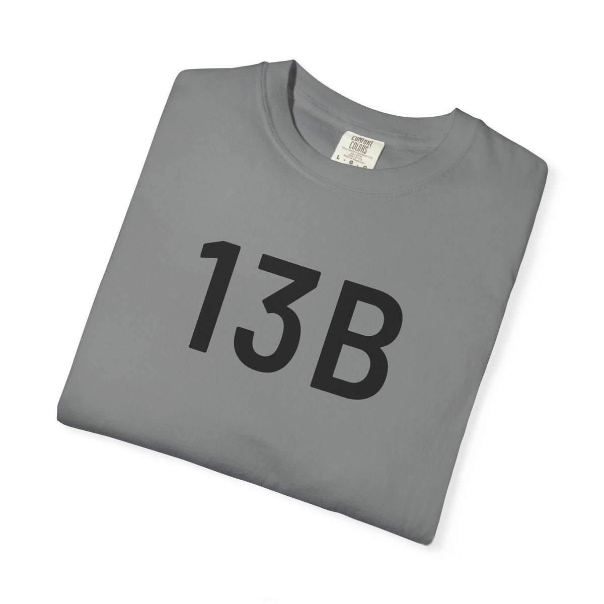 Gray crew-neck T-shirt with dark 13B logo graphic