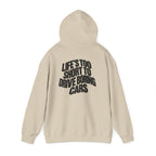 Sand pullover hoodie, back view with graphic text print