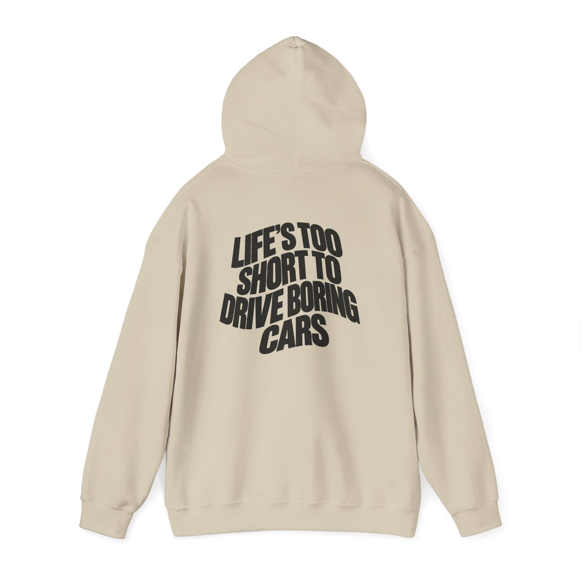 Sand pullover hoodie, back view with graphic text print