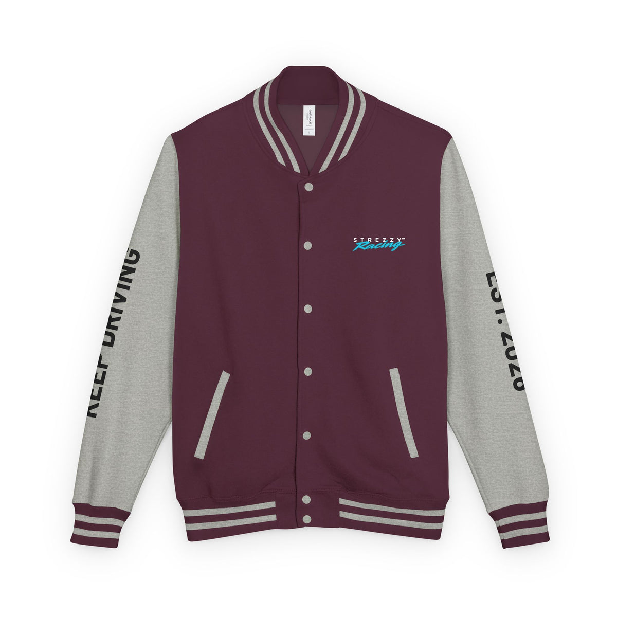 Burgundy varsity racing jacket with heather gray sleeves, striped rib trim, snap-button front, chest logo