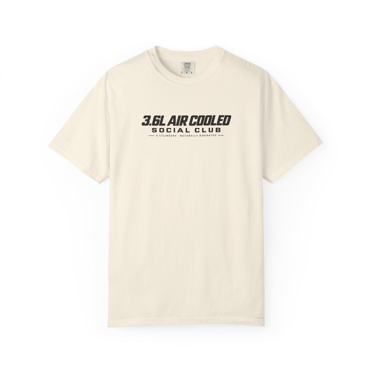 Ivory crew-neck T-shirt with “3.6L AIR COOLED SOCIAL CLUB” front graphic