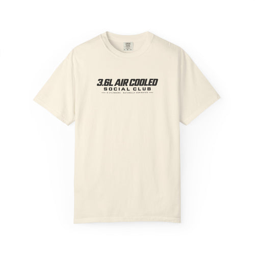 Ivory crew-neck T-shirt with “3.6L AIR COOLED SOCIAL CLUB” front graphic