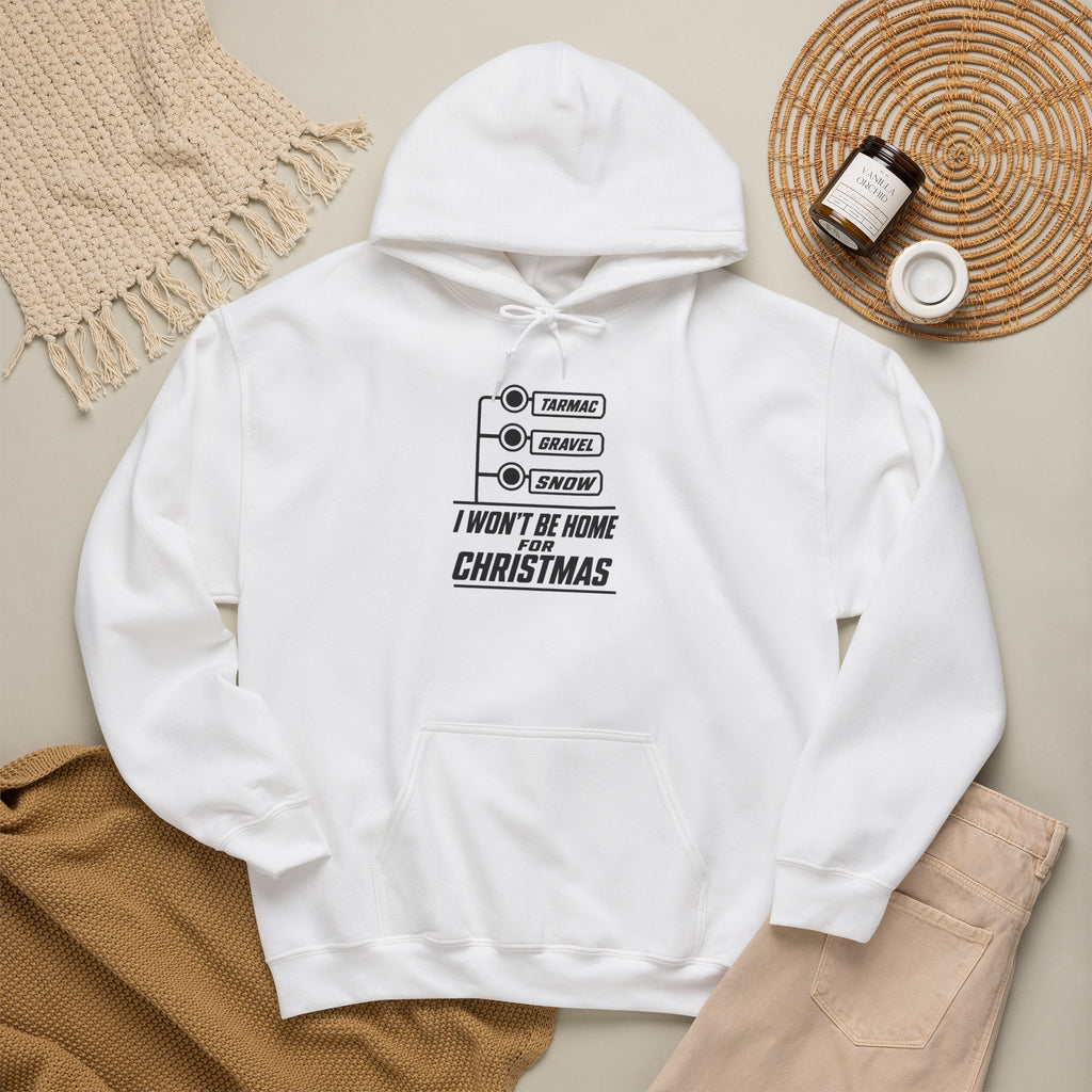 White hoodie with drawstring hood, front pocket, and Tarmac/Gravel/Snow graphic text.