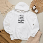 White hoodie with drawstring hood, front pocket, and Tarmac/Gravel/Snow graphic text.
